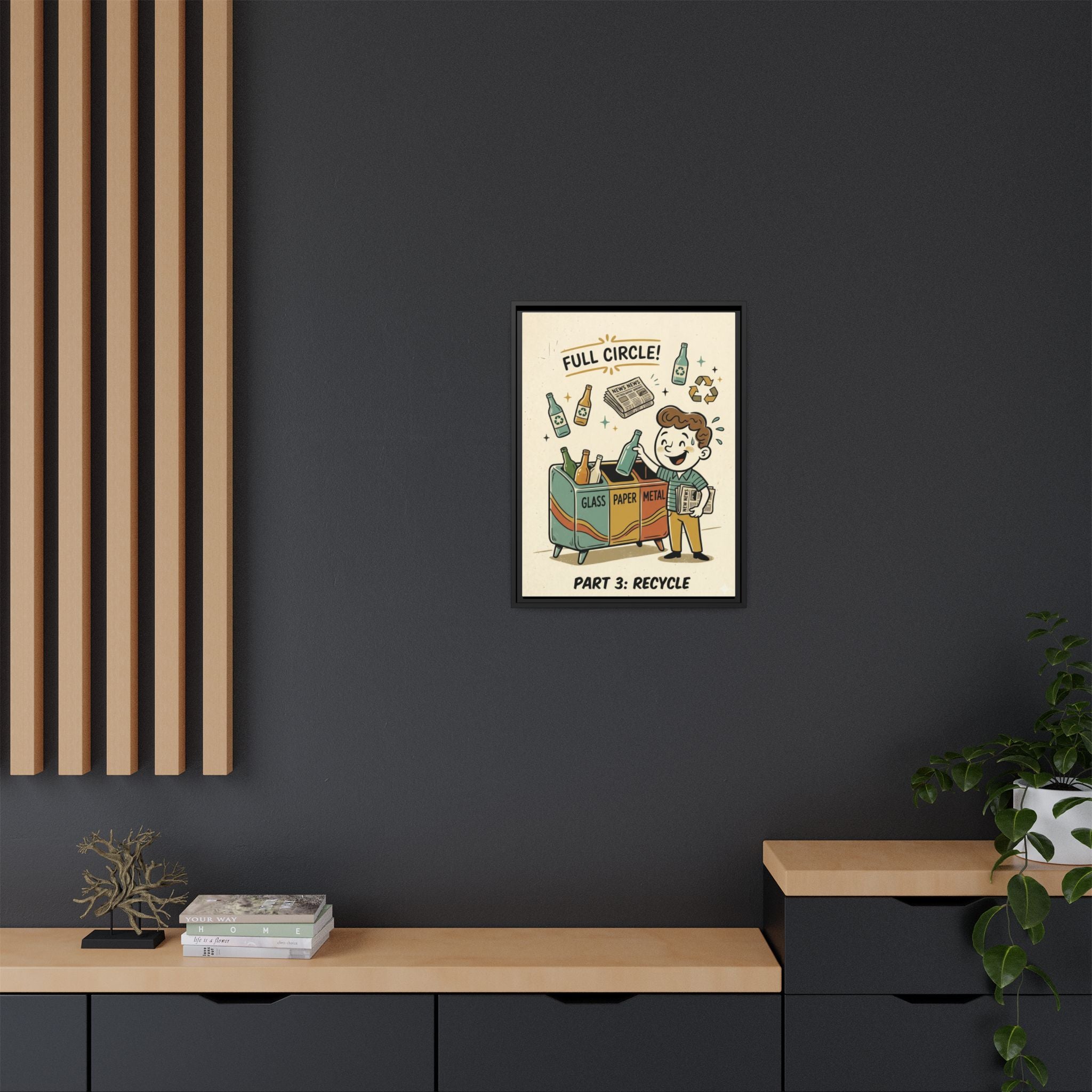 Retro Sustainability Art Print Trio: Reduce, Reuse, Recycle | Mid-Century Modern Eco Wall Decor Set of 3 (Framed) - Part 3 (Recycle)