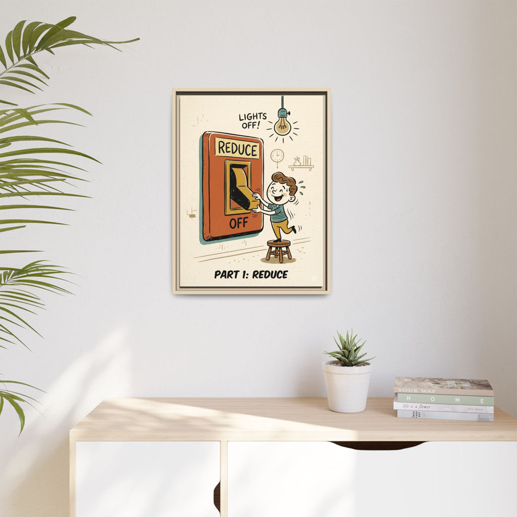 Retro Sustainability Art Print Trio: Reduce, Reuse, Recycle | Mid-Century Modern Eco Wall Decor Set of 3 (Framed) - Part 1 (Reduce)