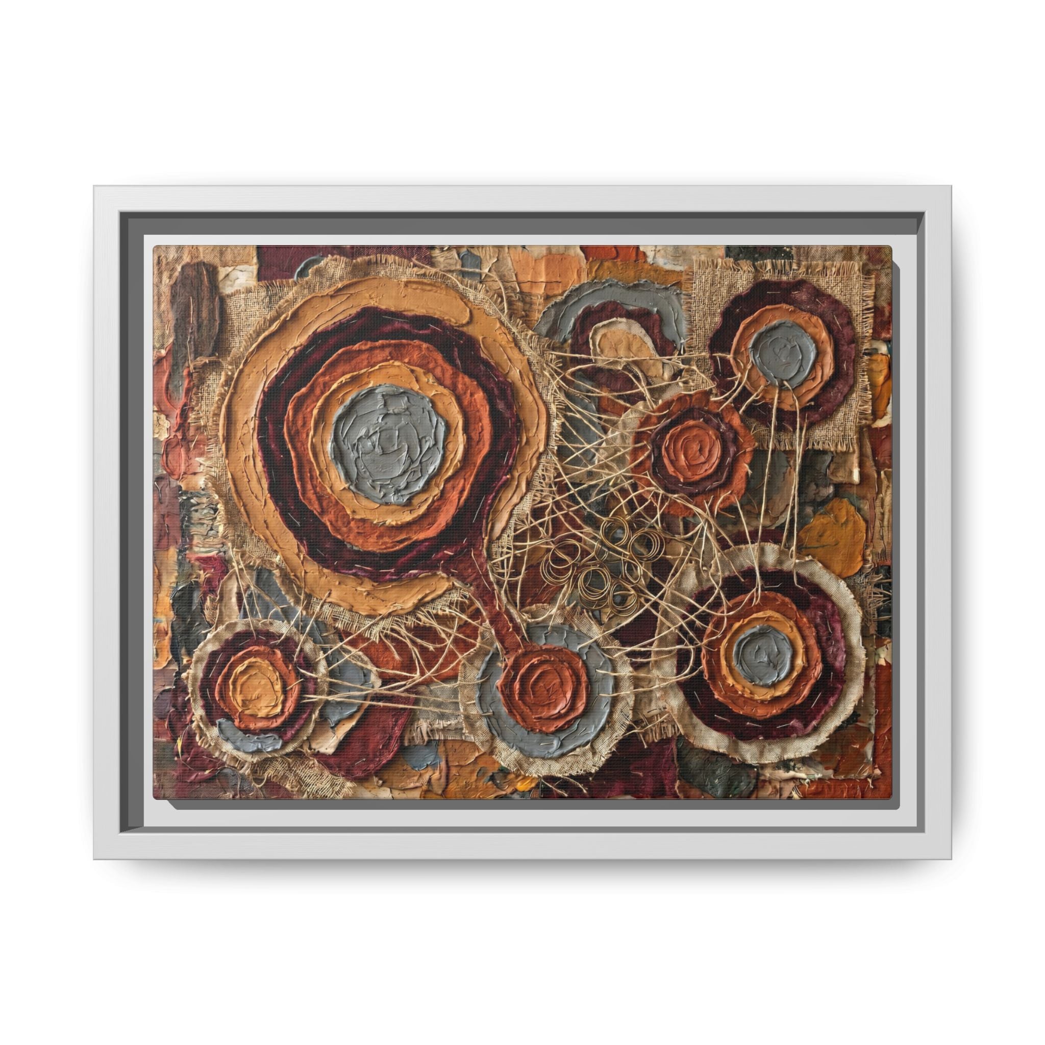 "Connected Orbs" Abstract Mixed-Media Art Print — Terracotta, Slate, and Brass Tones