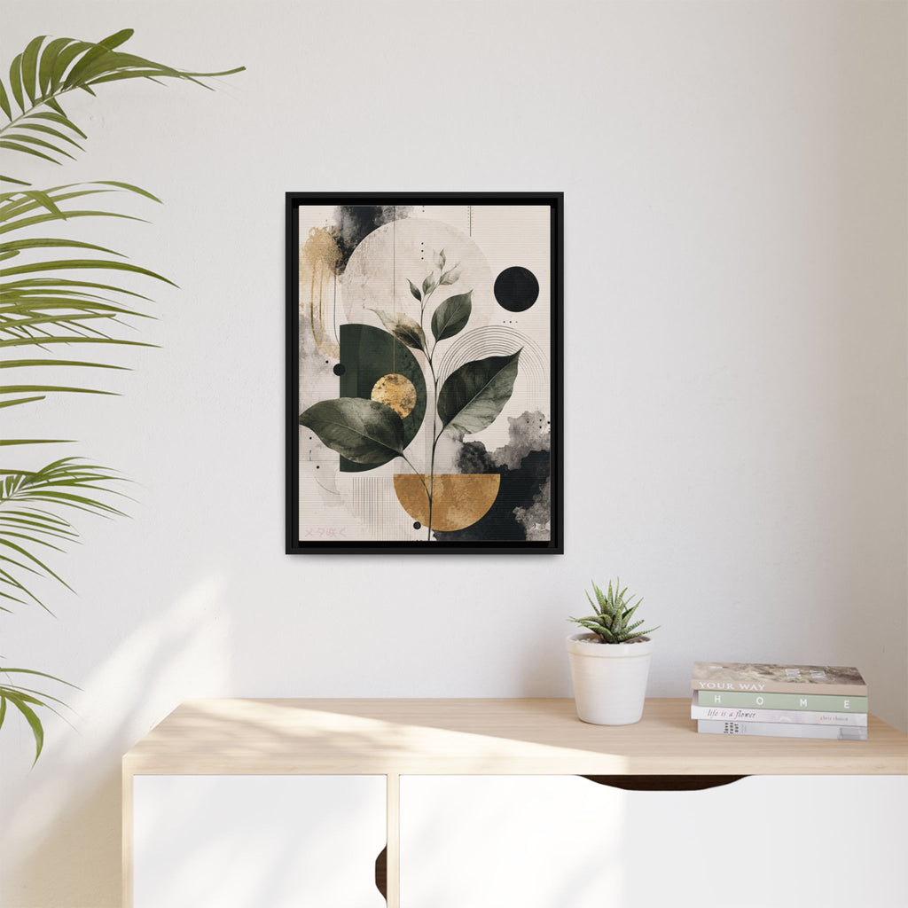 Botanical Abstract Framed Canvas Print — Green Leaves with Gold Accents