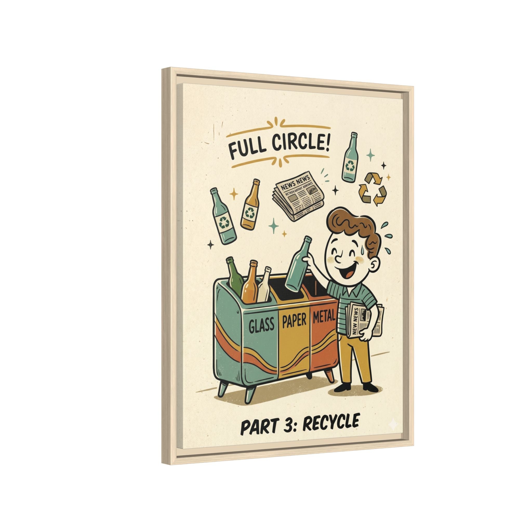 Retro Sustainability Art Print Trio: Reduce, Reuse, Recycle | Mid-Century Modern Eco Wall Decor Set of 3 (Framed) - Part 3 (Recycle)
