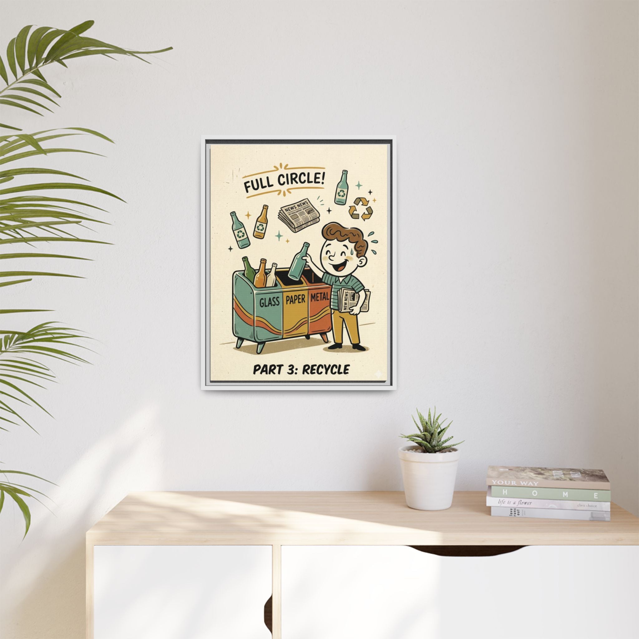 Retro Sustainability Art Print Trio: Reduce, Reuse, Recycle | Mid-Century Modern Eco Wall Decor Set of 3 (Framed) - Part 3 (Recycle)