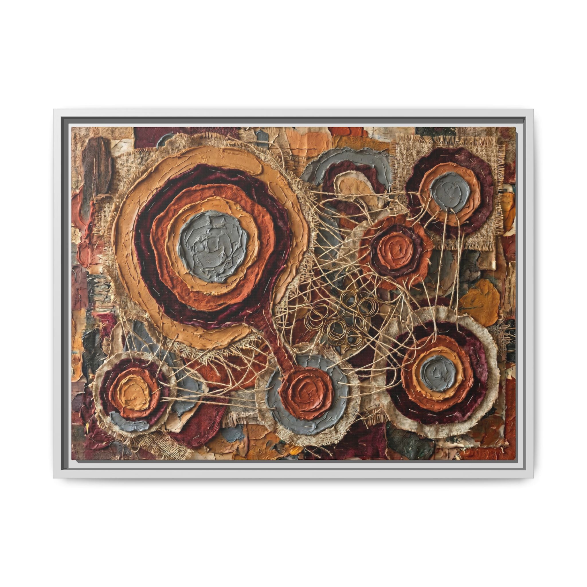 "Connected Orbs" Abstract Mixed-Media Art Print — Terracotta, Slate, and Brass Tones