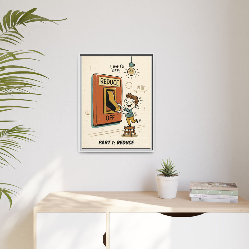 Retro Sustainability Art Print Trio: Reduce, Reuse, Recycle | Mid-Century Modern Eco Wall Decor Set of 3 (Framed) - Part 1 (Reduce)