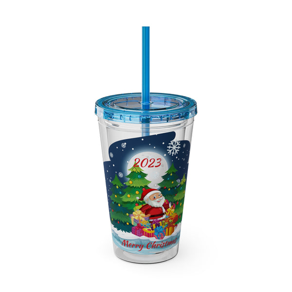 Christmas Tumbler with Straw, 16oz -  Snowy Night (Santa with Presents)