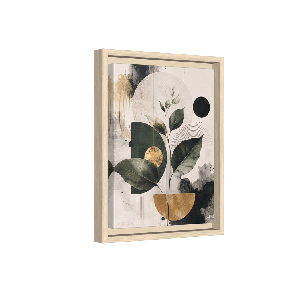 Botanical Abstract Framed Canvas Print — Green Leaves with Gold Accents