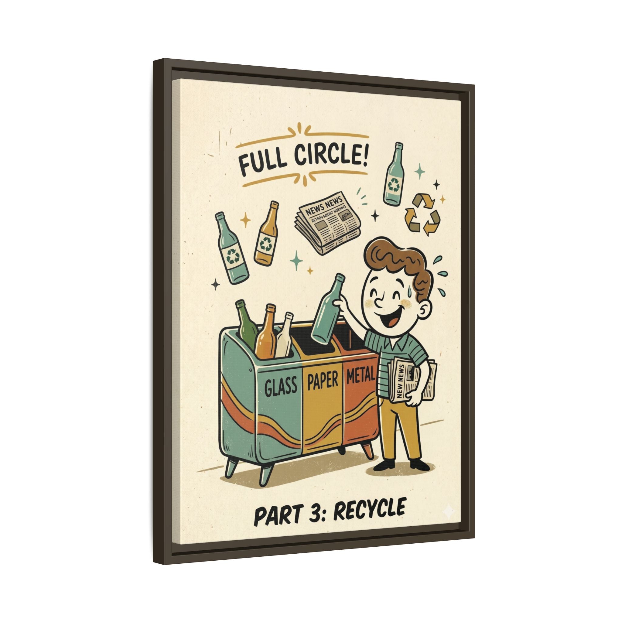 Retro Sustainability Art Print Trio: Reduce, Reuse, Recycle | Mid-Century Modern Eco Wall Decor Set of 3 (Framed) - Part 3 (Recycle)