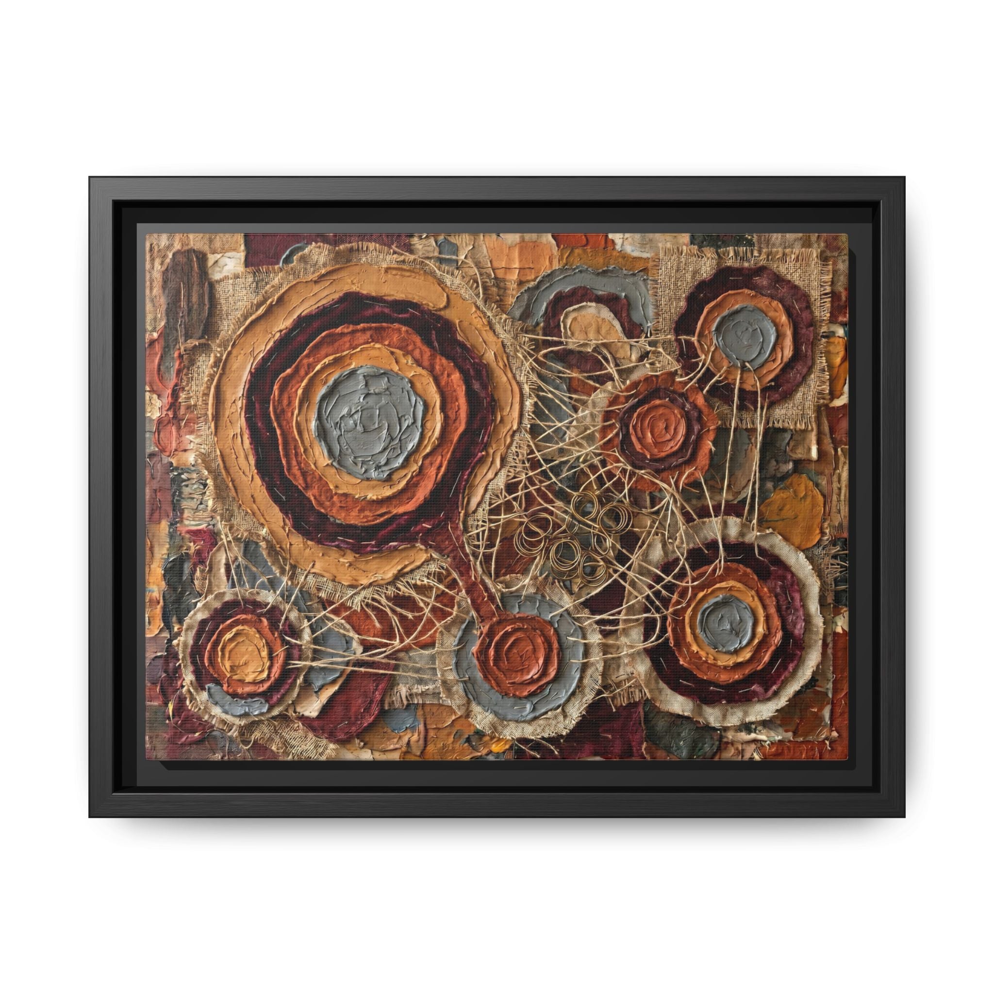 "Connected Orbs" Abstract Mixed-Media Art Print — Terracotta, Slate, and Brass Tones