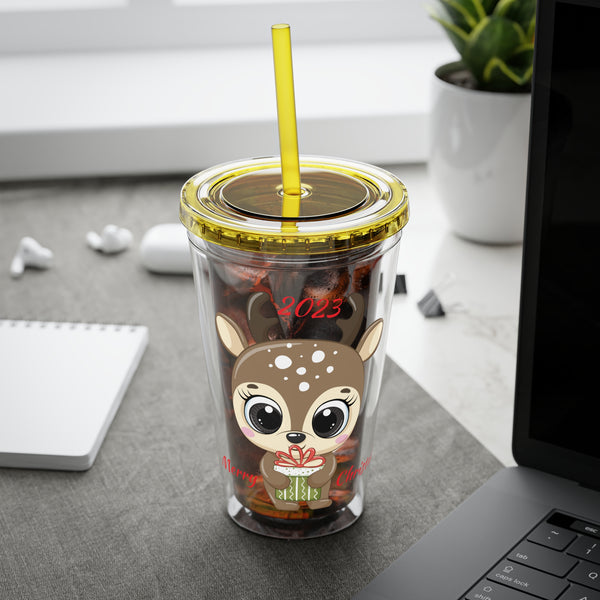 Christmas Tumbler with Straw, 16oz - Reindeer T