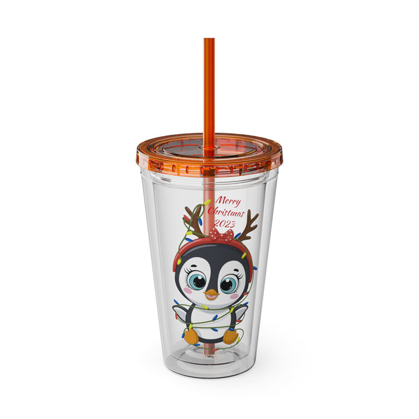 Christmas Tumbler with Straw, 16oz - Penguin I