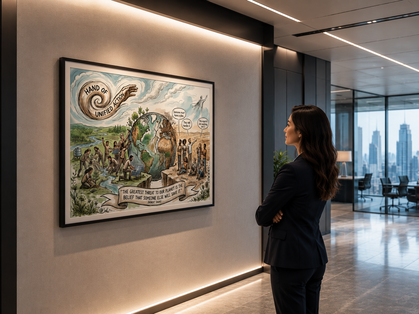 Woman in a modern office setting looking at a large framed artwork on sustainability.